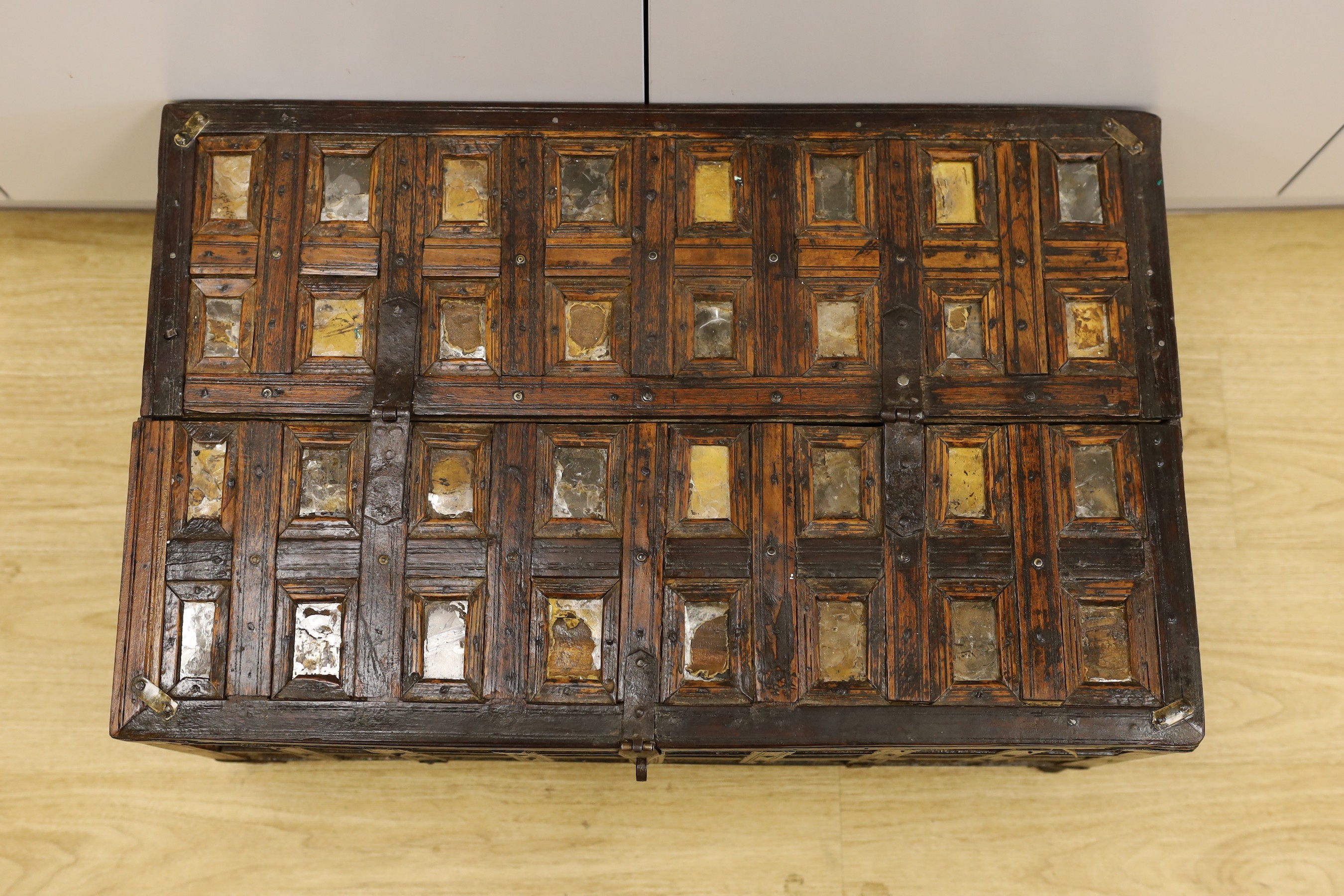 A mahogany carved dowry chest, 69cm wide